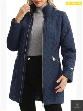 Plus Size Long Quilted Lightweight Jacket Stand Collar Diamond Stitching